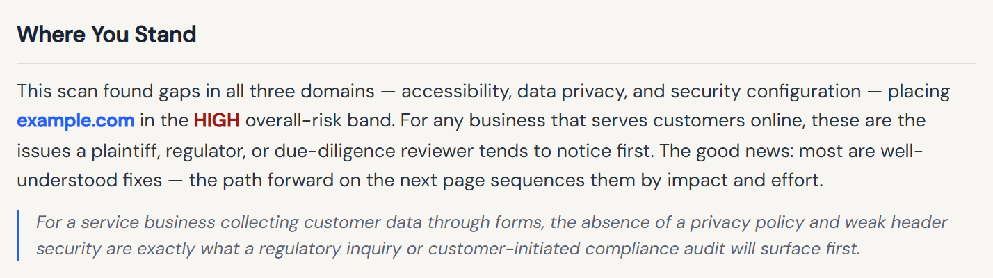 Below the scorecard, a written read of the biggest risks and where to start. The site name is hidden.